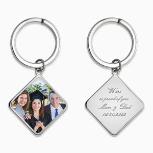 Personalized Sterling Silver Diamond Frame Photo Key Chain - KCSL240830 - Engraved on Back with a Text Inscription