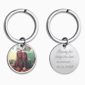 Personalized Sterling Silver Circle Frame Photo Key Chain - KCSL240831 - Color Photograph Printed on the Front and Engraved with Text on the Back