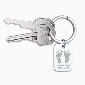 Custom Engraved Sterling Silver Rectangle-Tag Baby Footprint Keychain with Split Ring -  KCSL250617