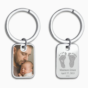 Custom Engraved Baby Footprint Sterling Silver Rectangle Photo Frame Keychain - KCSL250626 - Personalized Front and Back