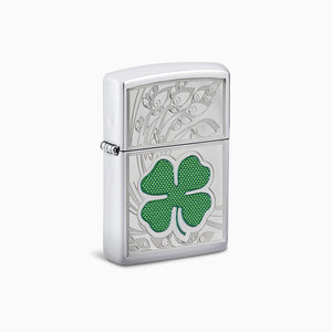 Engravable Green Four Leaf Clover High Polish Chrome Zippo Lighter - L250122