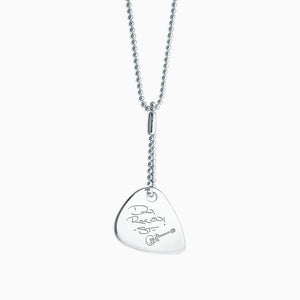 NSL120529 - Engravable Men's Sterling Silver Guitar Pick Necklace with Bead Chain and Extension - Engraved with Handwriting and Artwork