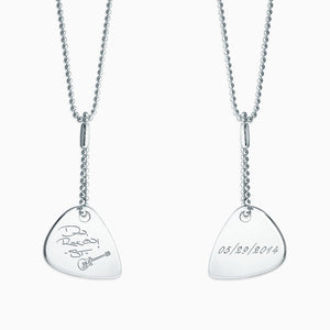 NSL120529 - Engravable Men's Sterling Silver Guitar Pick Necklace with Bead Chain and Extension - Front and Back Engraving