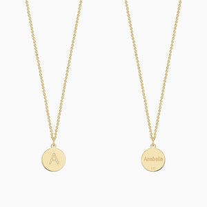 Engravable 1/2 inch 14k Yellow Gold Disc Charm Necklace with Cable Chain - NYG130426 - Front Initial Engraving and Back Name Engraving