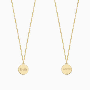 Engravable 1/2 inch 14k Yellow Gold Disc Charm Necklace with Cable Chain - NYG130426 - Front Name Engraving and Back Date Engraving