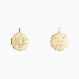 Engravable, 1 inch 14k Yellow Gold Interlocking-Script Monogram Disc Charm Pendant - PYG061011 - Front and Back Engraving