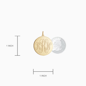 Engravable, 1 inch 14k Yellow Gold Interlocking-Script Monogram Disc Charm Pendant - PYG061011 - Size Detail