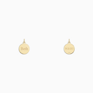 Engravable 1/2 inch 14k Yellow Gold Disc Charm Pendant - PYG130426 - Engraving of a Name on the Front and a Date on the Back