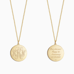 Engravable 1 inch 14k Yellow Gold Interlocking-Script Monogram Disc Charm Necklace - NYG06101116 - Front and Back Engraving