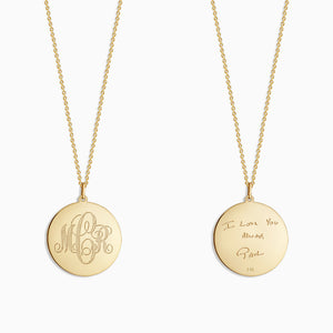 Engravable 1 inch 14k Yellow Gold Interlocking-Script Monogram Disc Charm Necklace - NYG06101116 - Front and Back Engraving