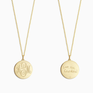 Engravable 7/8 inch 14k Yellow Gold Interlocking-Script Monogram Disc Charm - NY08121616 - Engraved Handwriting on Back