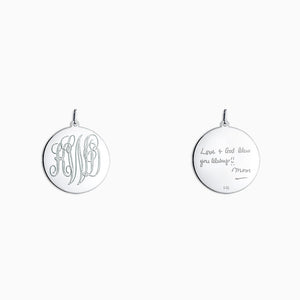 Engravable 1 inch 14k White Gold Interlocking-Script Monogram Disc Charm Pendant - PWG061011 - Handwriting Engraved on Back
