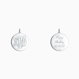 Engravable 1 inch 14k White Gold Interlocking-Script Monogram Disc Charm Pendant - PWG061011 - Front and Back Engraving