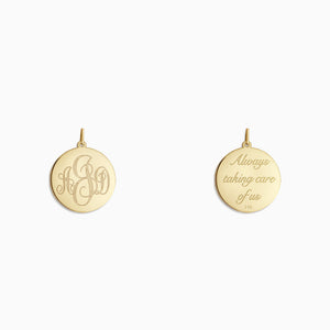 Engravable 7/8 inch 14k Yellow Gold Interlocking-Script Monogram Disc Charm Pendant - PYG081216 - Front and Back Engraving