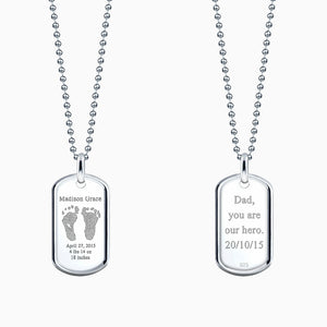 Men's Medium Raised-Edge Sterling Silver Dog Tag Necklace with Engraved Actual Baby Footprints on Front - Engraved Text on Back