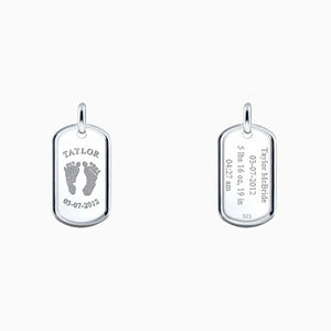 Men's Medium Sized Raised-Edge Sterling Silver Dog Tag with Actual Baby Footprints Engraved on Front and a Text Inscription on the Back(PSL140721)