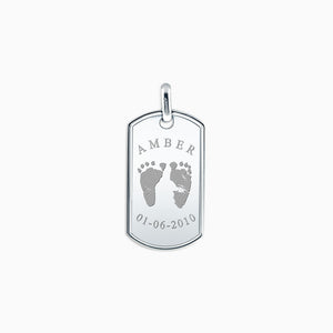 Men's Large Raised Edge Sterling Silver Dog Tag Pendant Engraved with Actual Baby Footprints (PSL140721L)