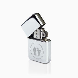 Custom Engraved Chrome Windproof Lighter with Actual Baby Footprinnts and Birth Details