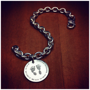 7/8 inch, Sterling Silver Disc Charm Bracelet Custom Engraved with Baby Footprints and Birth Details