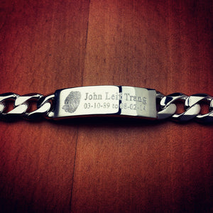 Fingerprint and Text Engraving on Men's Heavy Sterling Silver ID Bracelet