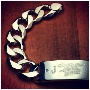 Men's Silver Diamond ID Bracelet with Engraved Navy SEAL Trident