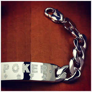 Men's Sterling Silver Diamond ID Bracelet Custom Engraved for Poker Tournament