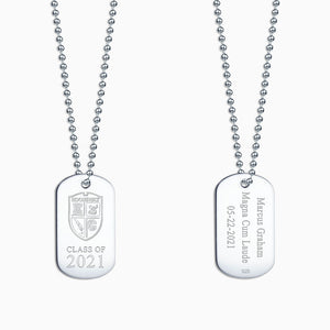 Engravable Men's Sterling Silver Flat Custom Graduation Dog Tag Slider Necklace with Ball Chain - Medium - Engraving on Front and Back