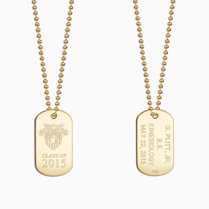 Engravable Men's 14k Yellow Gold Flat Custom Graduation Dog Tag Slider Necklace with Ball Chain - Medium - West Point Military Academy Engraving on Front and Text Engraving on Back