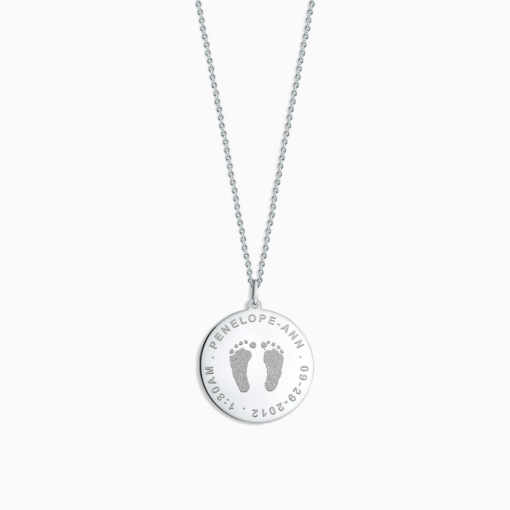Engravable 1 inch Sterling Silver Disc Charm Necklace with Actual Baby Footprints