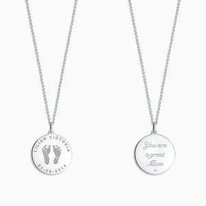 Engravable 7/8 inch Sterling Silver Actual Baby Footprint Disc Charm Necklace - Personalized on the Front and Back