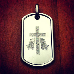 Engravable Mens Sterling Silver Raised-Edge Dog Tag Necklace - Medium - NSL140719 - Custom Engraving of Cross and Praying Hands