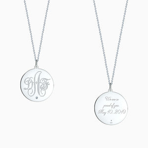 Engravable 1 inch Sterling Silver Monogram Disc Charm Necklace with Single Diamond - Engraving on the Front and Back