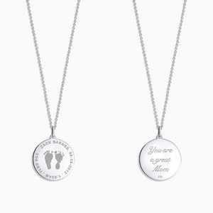 Engravable 7/8 inch, 14k White Gold Actual Baby Footprint Disc Charm Necklace - Engraving on Front and Back
