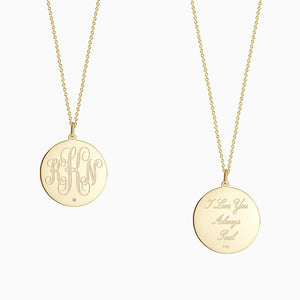 Engravable 1 inch 14k Yellow Gold Monogram Disc Charm Necklace with Single Diamond - Personalized with Engraving on Front and Back