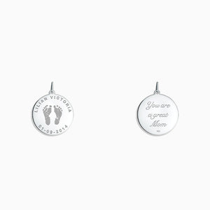 Engraved 7/8 inch Sterling Silver Disc Charm Pendant with Actual Baby Footprints - Engraving on Front and Back (01)