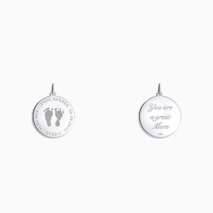 Engraved 7/8 inch 14k White Gold Disc Charm Pendant with Actual Baby Footprints - Personalize the Front and Back