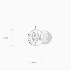 Engravable 1 inch 14k White Gold Monogram Disc Charm Pendant with Single Diamond - Size Detail - 1 inch in Diameter (25 mm).