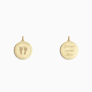 Engravable 7/8 inch, 14k Yellow Gold Disc Charm Pendant with Actual Baby Footprints Engravable 7/8 inch, 14k Yellow Gold Disc Charm Pendant with Actual Baby Footprints - PYG130423 - Front and Back Engraving Detail