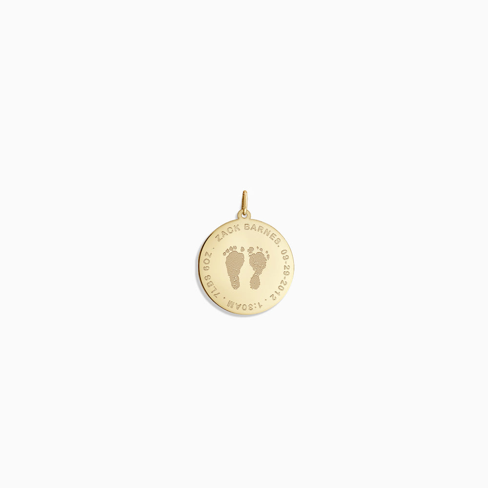 Engravable 7/8 inch, 14k Yellow Gold Disc Charm Pendant with Actual Baby Footprints - PYG130423