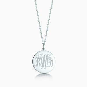 7/8 inch 14k White Gold Monogram Engraved Disc Charm Necklace