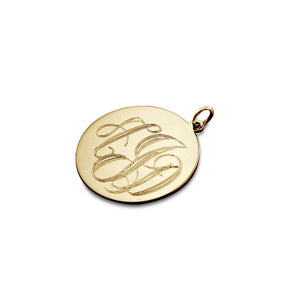 Engravable 7/8 inch 14k Yellow Gold Interlocking-Script Monogram Disc Charm Pendant - PYG081216 with Initials A, J, D