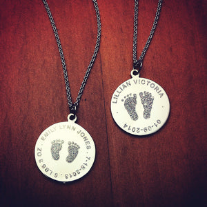 14k White Gold Custom Engraved Actual Baby Footprint Disc Charm Necklaces - Customer Samples
