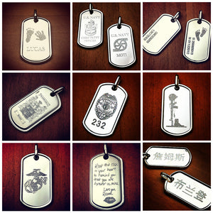 Men's Double Sterling Silver Dog Tag with Raised Edge - Engraved with Artwork and Text