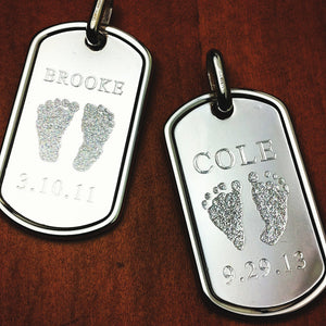 Sterling Silver Dog Tags for Men Engraved with Real Baby Footprints and Birth Details