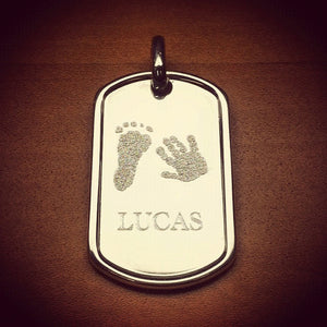 Sterling Silver Dog Tag Engraved with Actual Baby Footprint and Hand Print