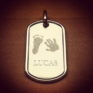 Sterling Silver Dog Tag Engraved with Actual Baby Footprint and Hand Print