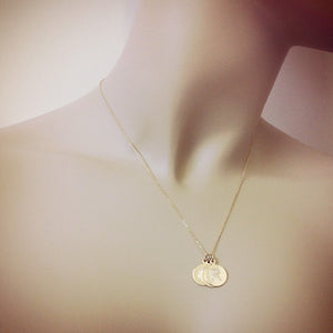 1/2 inch, 14k Gold Etched Initial Disc Charm Pendants with Chain Fit Detail