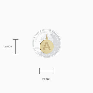 1/2 inch, 14k Gold Etched Initial Disc Charm Pendant - Size Detail