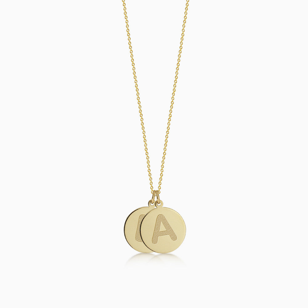 Double, 1/2 inch, 14k Yellow Gold Etched Engraved Initial Disc Charm Necklace
