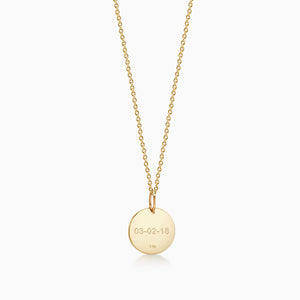 Back of 1/2 inch 14k Yellow Gold Disc Charm Necklace with Diamond Cross Engraved with a Date